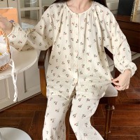 睡衣女春秋款纯棉长袖女士纱布可爱卡通棉纱薄款春秋家居服秋