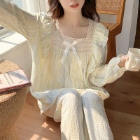 睡衣女春秋款纯棉长袖女士纱布可爱卡通棉纱薄款春秋家居服秋