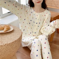 睡衣女春秋款纯棉长袖女士纱布可爱卡通棉纱薄款春秋家居服秋
