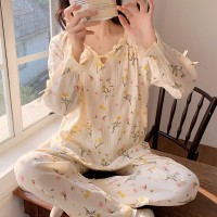 睡衣女春秋款纯棉长袖女士纱布可爱卡通棉纱薄款春秋家居服秋