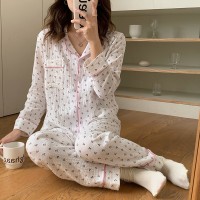睡衣女春秋款纯棉长袖女士纱布可爱卡通棉纱薄款春秋家居服秋