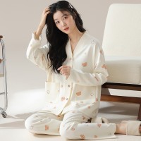 睡衣女春秋纯棉长袖V领薄款卡通可爱风春季可外穿家居服套装