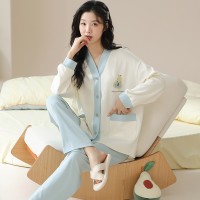 睡衣女春秋纯棉长袖V领薄款卡通可爱风春季可外穿家居服套装