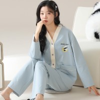 睡衣女春秋纯棉长袖V领薄款卡通可爱风春季可外穿家居服套装