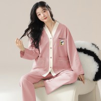 睡衣女春秋纯棉长袖V领薄款卡通可爱风春季可外穿家居服套装