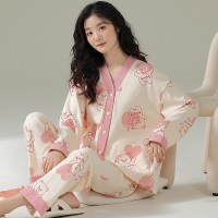 睡衣女春秋纯棉长袖V领薄款卡通可爱风春季可外穿家居服套装