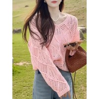 2024春夏宽松慵懒镂空百搭针织罩衫女薄款韩系减龄设计感v领上衣