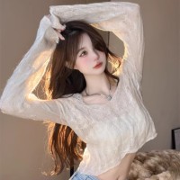 2024年早春新款纯欲V领露肩上衣女韩系辣妹性感长袖马海毛针织衫