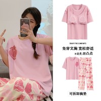 纯棉带胸垫女士睡衣可外穿夏季休闲宽松短袖长裤可外穿家居服套装