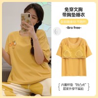 纯棉带胸垫女士睡衣可外穿夏季休闲宽松短袖长裤可外穿家居服套装