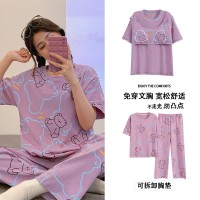纯棉带胸垫女士睡衣可外穿夏季休闲宽松短袖长裤可外穿家居服套装