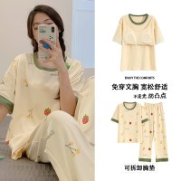 纯棉带胸垫女士睡衣可外穿夏季休闲宽松短袖长裤可外穿家居服套装
