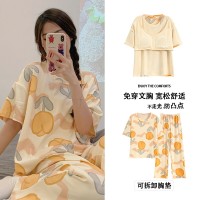 纯棉带胸垫女士睡衣可外穿夏季休闲宽松短袖长裤可外穿家居服套装