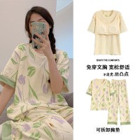 纯棉带胸垫女士睡衣可外穿夏季休闲宽松短袖长裤可外穿家居服套装