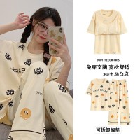 纯棉带胸垫女士睡衣可外穿夏季休闲宽松短袖长裤可外穿家居服套装