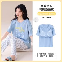 纯棉带胸垫女士睡衣可外穿夏季休闲宽松短袖长裤可外穿家居服套装