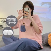 纯棉带胸垫女士睡衣可外穿夏季休闲宽松短袖长裤可外穿家居服套装