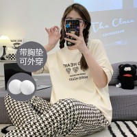 纯棉带胸垫女士睡衣可外穿夏季休闲宽松短袖长裤可外穿家居服套装