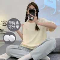 纯棉带胸垫女士睡衣可外穿夏季休闲宽松短袖长裤可外穿家居服套装