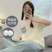 纯棉带胸垫女士睡衣可外穿夏季休闲宽松短袖长裤可外穿家居服套装