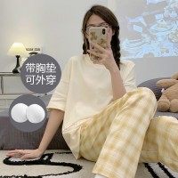 纯棉带胸垫女士睡衣可外穿夏季休闲宽松短袖长裤可外穿家居服套装