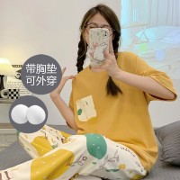 纯棉带胸垫女士睡衣可外穿夏季休闲宽松短袖长裤可外穿家居服套装