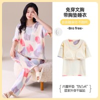 纯棉带胸垫女士睡衣可外穿夏季休闲宽松短袖长裤可外穿家居服套装
