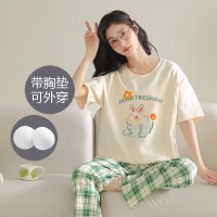 纯棉带胸垫女士睡衣可外穿夏季休闲宽松短袖长裤可外穿家居服套装