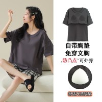 带胸垫一体睡衣女夏季莫代尔短袖甜美宽松大码学生新款家居服套