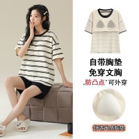 带胸垫一体睡衣女夏季莫代尔短袖甜美宽松大码学生新款家居服套