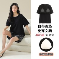 带胸垫一体睡衣女夏季莫代尔短袖甜美宽松大码学生新款家居服套