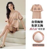 带胸垫一体睡衣女夏季莫代尔短袖甜美宽松大码学生新款家居服套