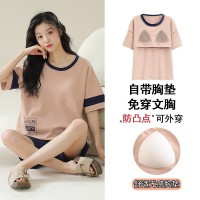 带胸垫一体睡衣女夏季莫代尔短袖甜美宽松大码学生新款家居服套