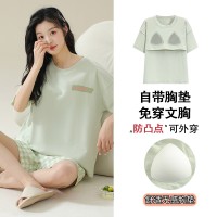 带胸垫一体睡衣女夏季莫代尔短袖甜美宽松大码学生新款家居服套