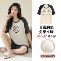 带胸垫一体睡衣女夏季莫代尔短袖甜美宽松大码学生新款家居服套