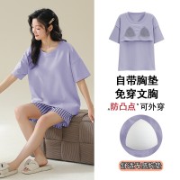 带胸垫一体睡衣女夏季莫代尔短袖甜美宽松大码学生新款家居服套