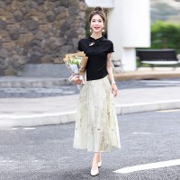 新款2024年夏季时尚潮流新中式天丝印花盘扣半身裙两件套