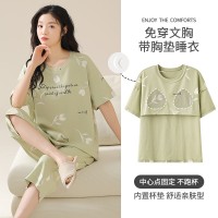 可爱睡衣女纯棉夏季短袖七分裤带胸垫家居服青少年学生休闲两件套