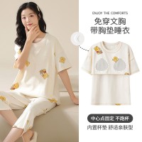 可爱睡衣女纯棉夏季短袖七分裤带胸垫家居服青少年学生休闲两件套