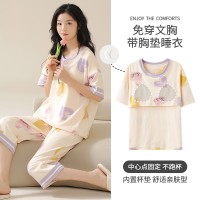 可爱睡衣女纯棉夏季短袖七分裤带胸垫家居服青少年学生休闲两件套