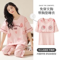可爱睡衣女纯棉夏季短袖七分裤带胸垫家居服青少年学生休闲两件套