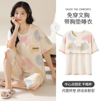 可爱睡衣女纯棉夏季短袖七分裤带胸垫家居服青少年学生休闲两件套