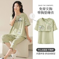 可爱睡衣女纯棉夏季短袖七分裤带胸垫家居服青少年学生休闲两件套