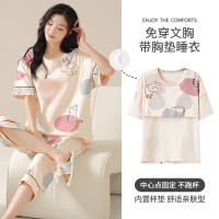 可爱睡衣女纯棉夏季短袖七分裤带胸垫家居服青少年学生休闲两件套