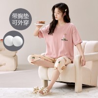 夏季女士睡衣带胸垫短袖七分裤家居服套装凉爽透气免穿文胸可外穿