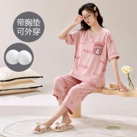 夏季女士睡衣带胸垫短袖七分裤家居服套装凉爽透气免穿文胸可外穿