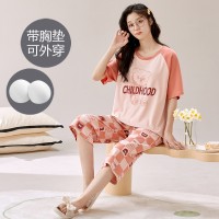 夏季女士睡衣带胸垫短袖七分裤家居服套装凉爽透气免穿文胸可外穿