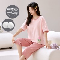夏季女士睡衣带胸垫短袖七分裤家居服套装凉爽透气免穿文胸可外穿