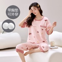 夏季女士睡衣带胸垫短袖七分裤家居服套装凉爽透气免穿文胸可外穿