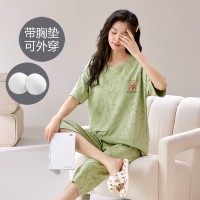 夏季女士睡衣带胸垫短袖七分裤家居服套装凉爽透气免穿文胸可外穿
